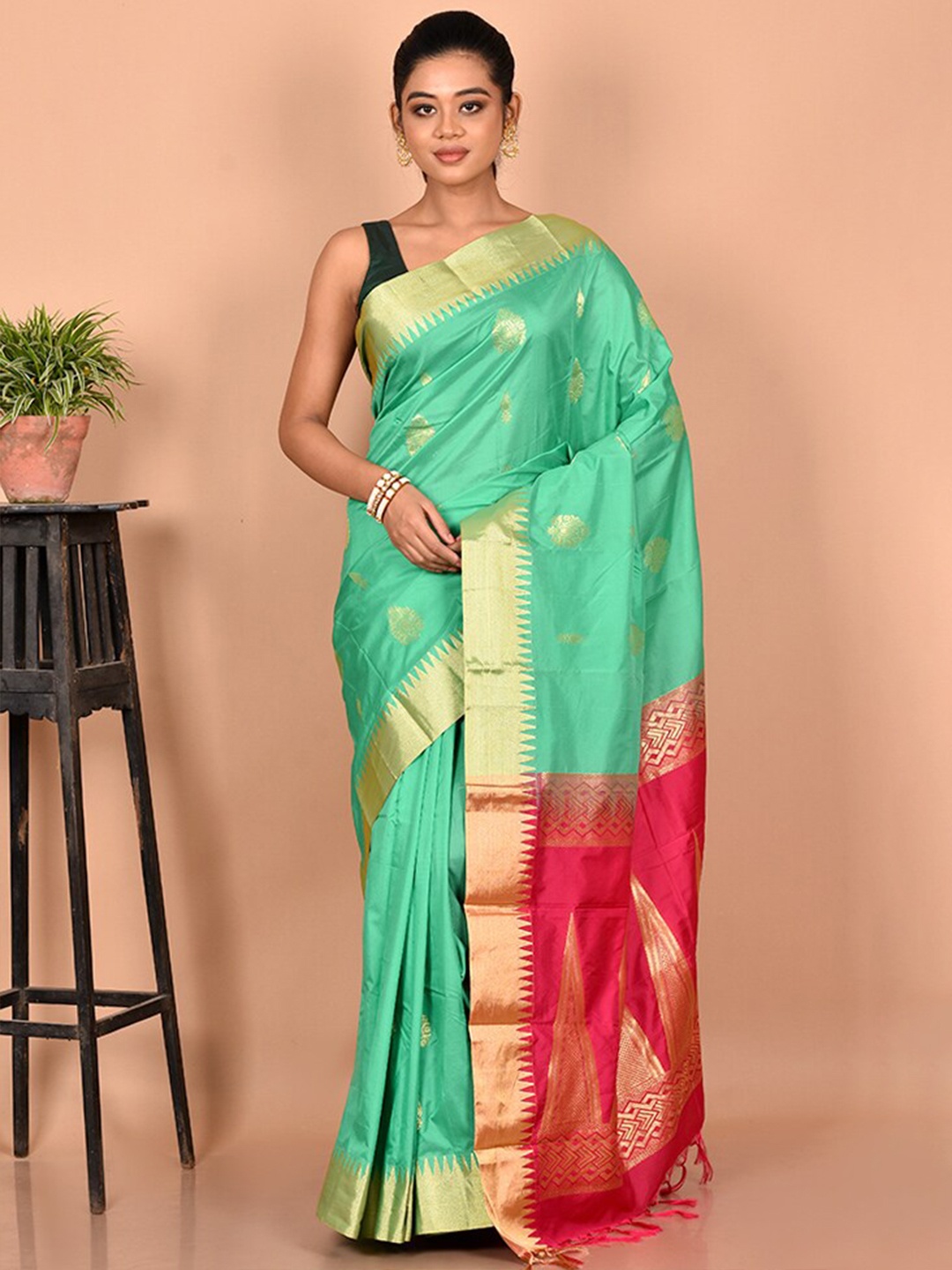 

AllSilks Woven Design Zari Silk Blend Kanjeevaram Saree, Sea green