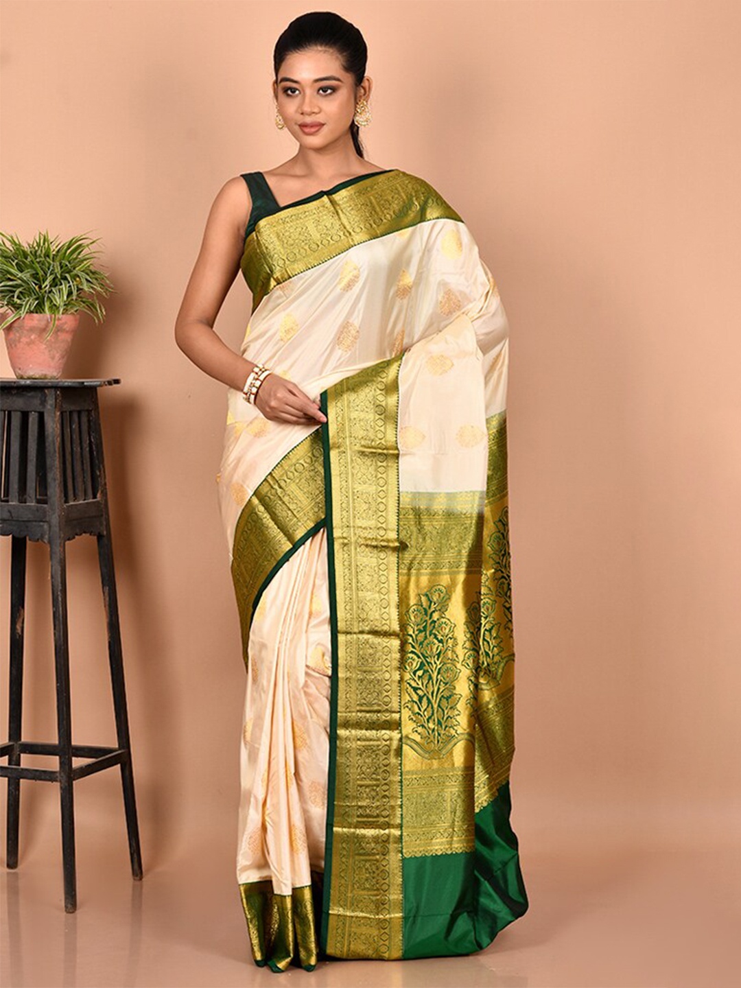 

AllSilks Woven Design Zari Pure Silk Kanjeevaram Saree, Cream