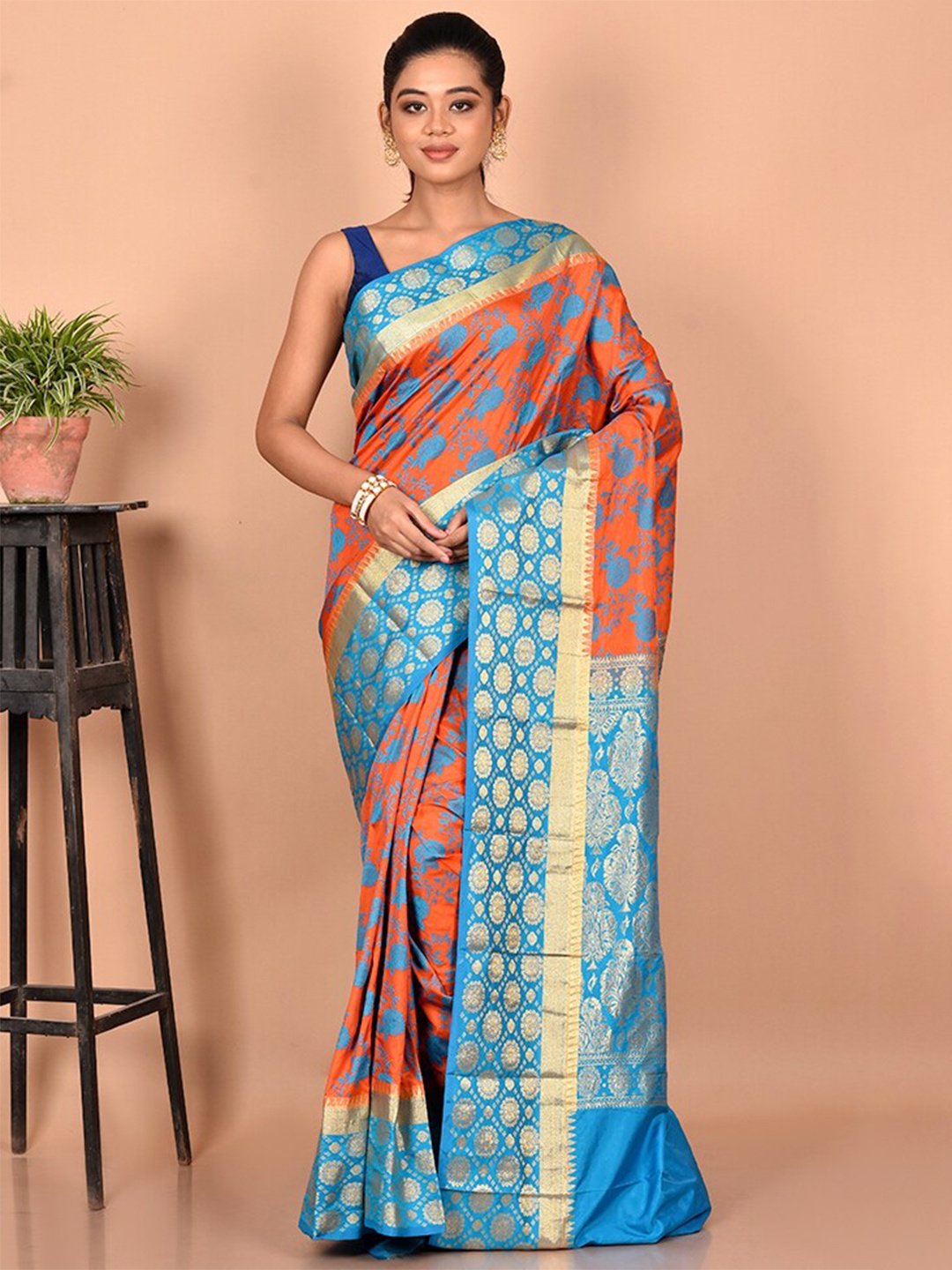 

AllSilks Woven Design Zari Silk Blend Kanjeevaram Saree, Rust