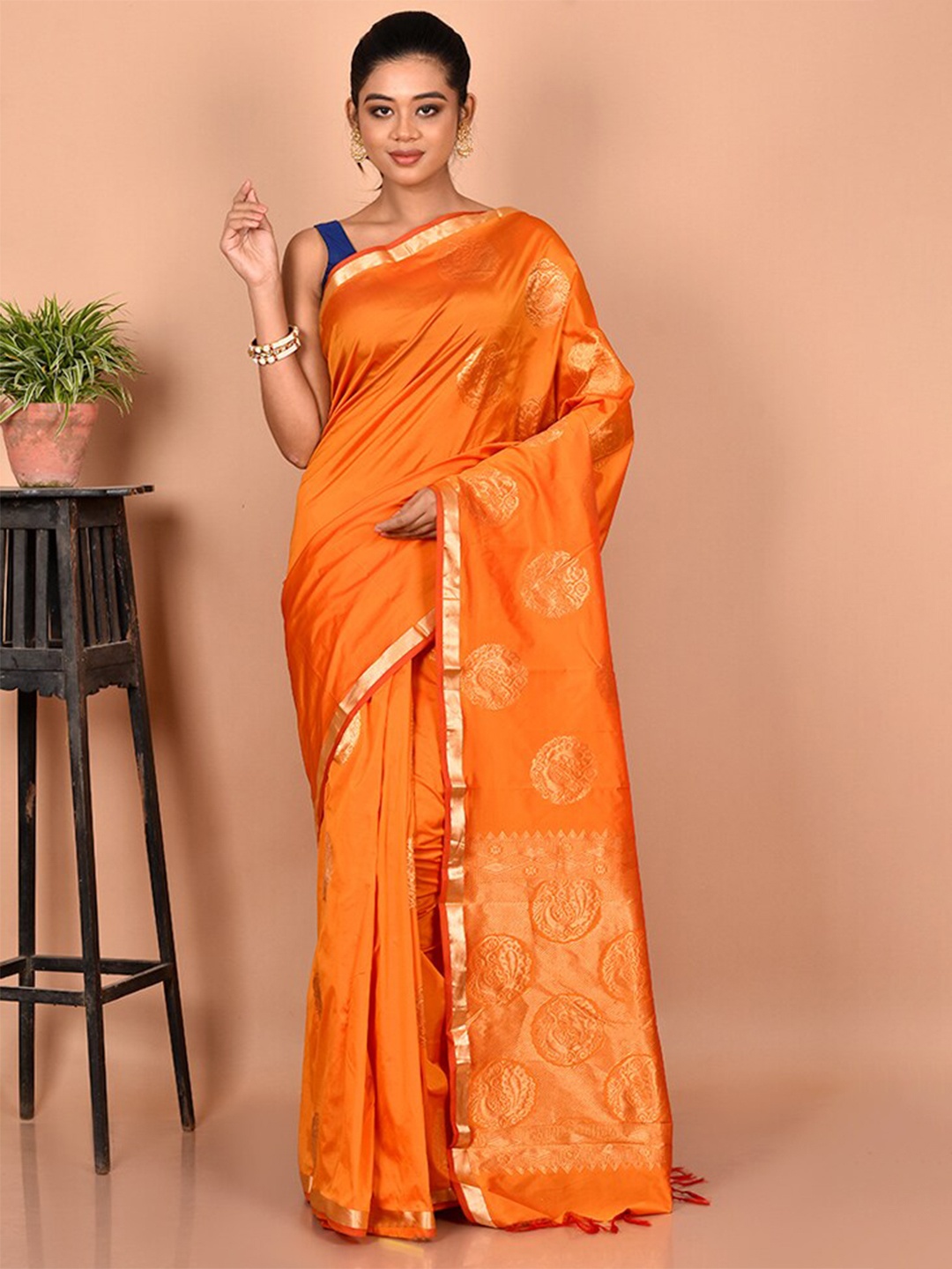 

AllSilks Woven Design Zari Silk Blend Kanjeevaram Saree, Orange