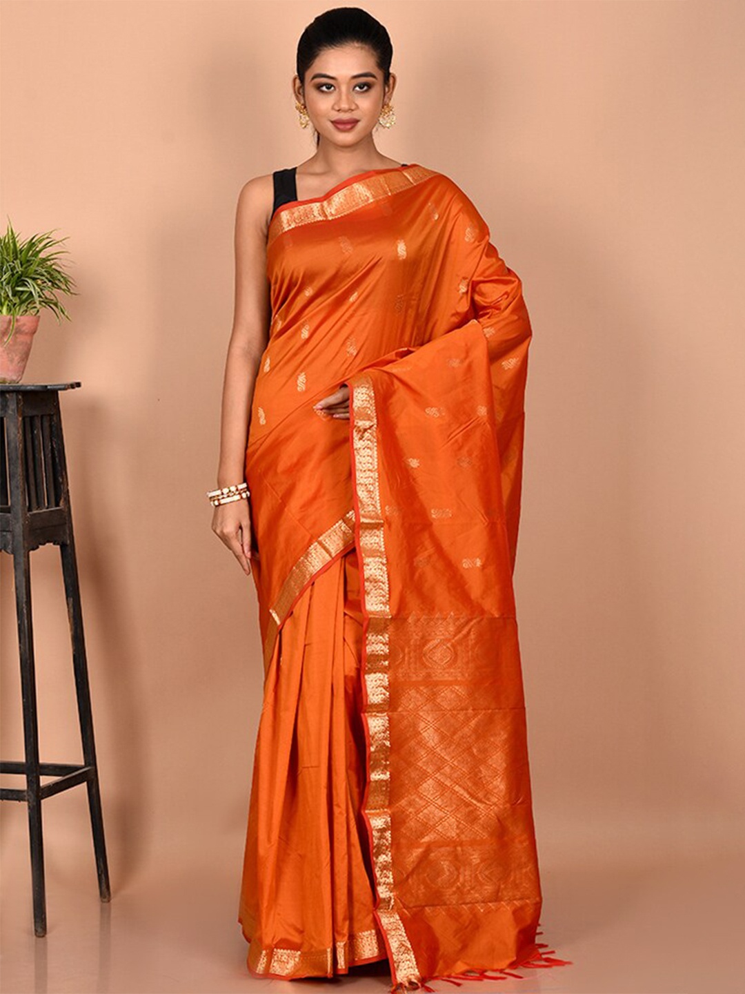 

AllSilks Woven Design Zari Silk Blend Kanjeevaram Saree, Rust