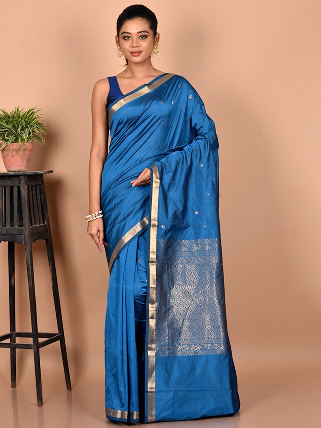

AllSilks Zari Silk Blend Kanjeevaram Saree, Blue