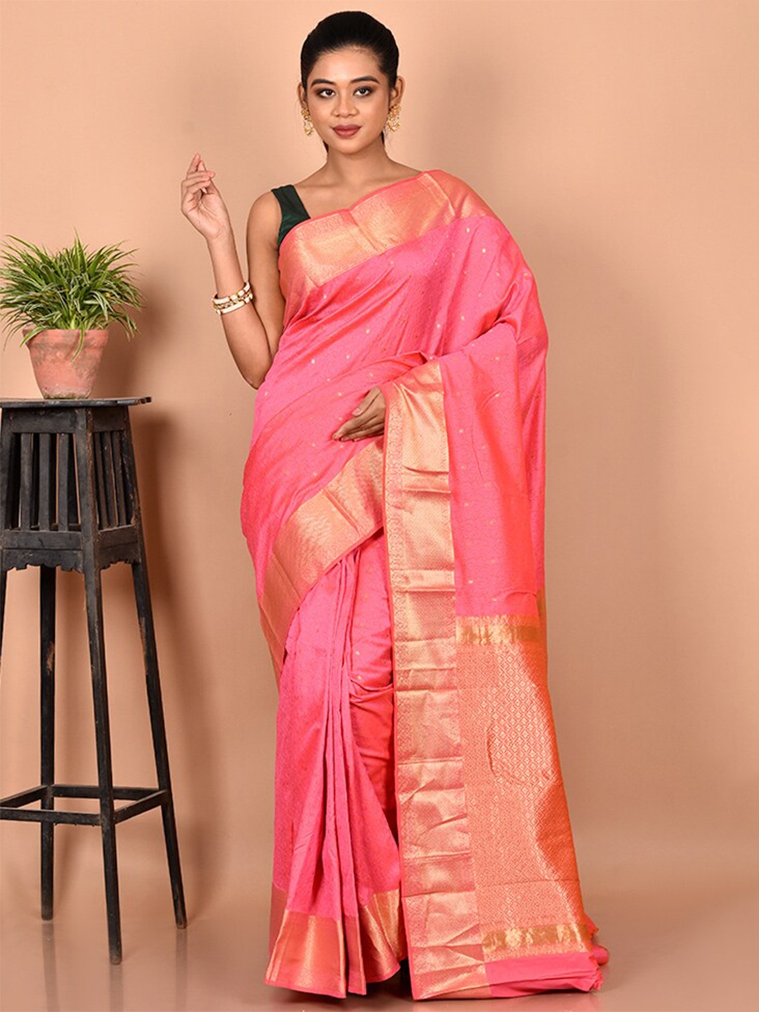 

AllSilks Woven Design Zari Silk Blend Kanjeevaram Saree, Pink