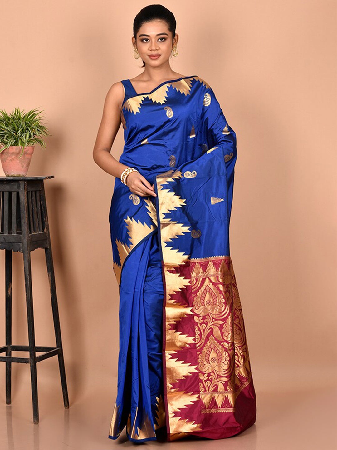 

AllSilks Woven Design Zari Silk Blend Kanjeevaram Saree, Blue