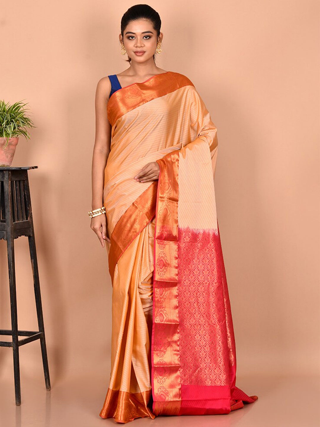 

AllSilks Woven Design Zari Silk Blend Kanjeevaram Saree, Cream