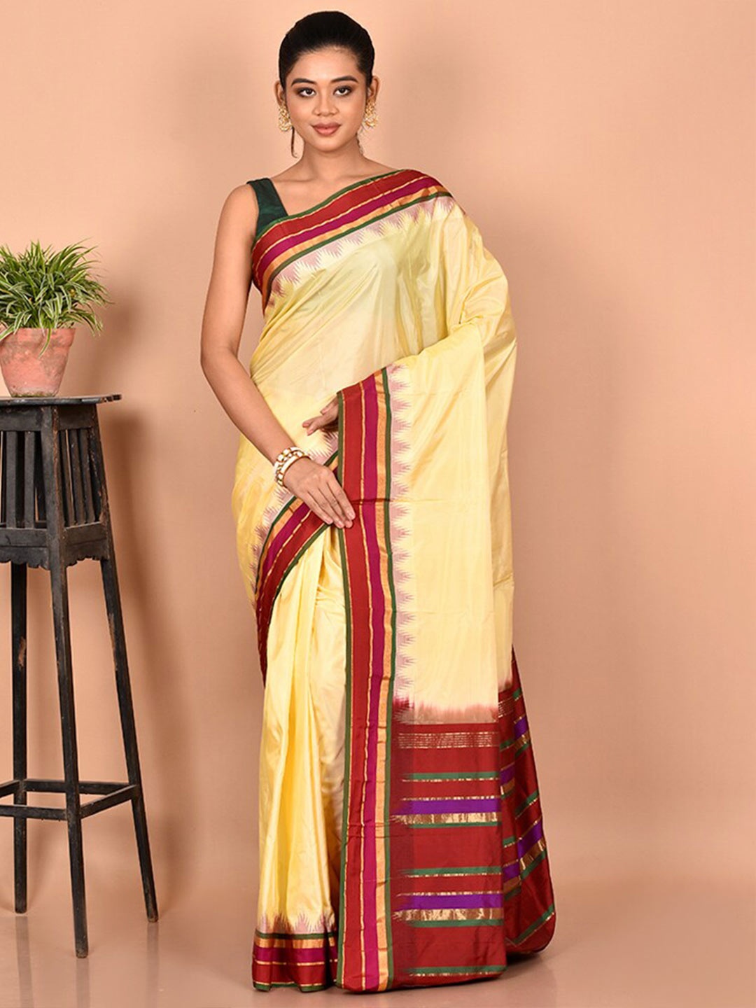

AllSilks Zari Silk Blend Kanjeevaram Saree, Cream