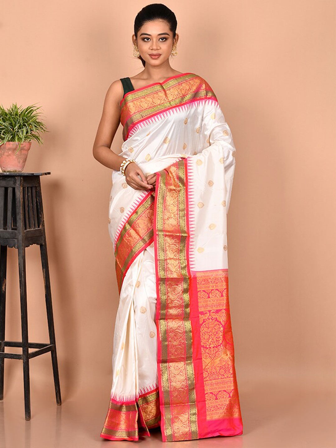 

AllSilks Woven Design Zari Pure Silk Kanjeevaram Saree, White