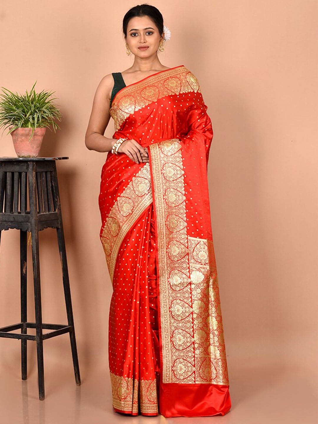 

AllSilks Woven Design Zari Silk Blend Banarasi Saree, Red