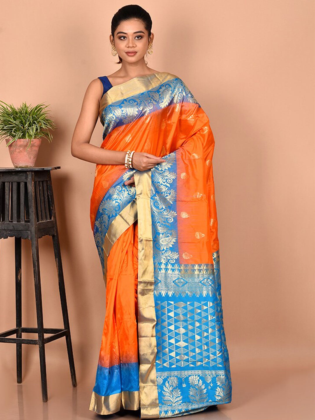 

AllSilks Woven Design Zari Pure Silk Kanjeevaram Saree, Orange