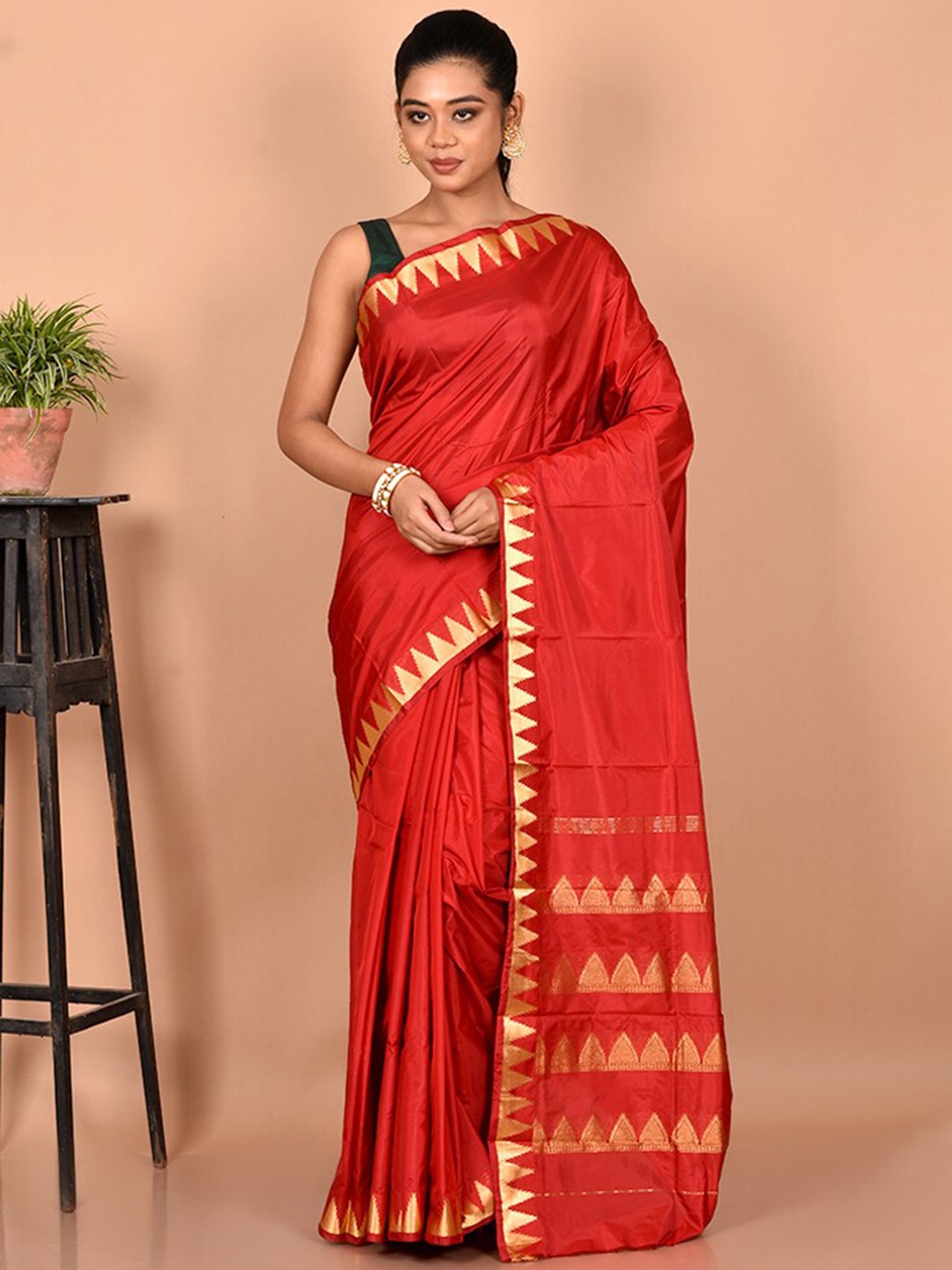 

AllSilks Zari Silk Blend Kanjeevaram Saree, Red