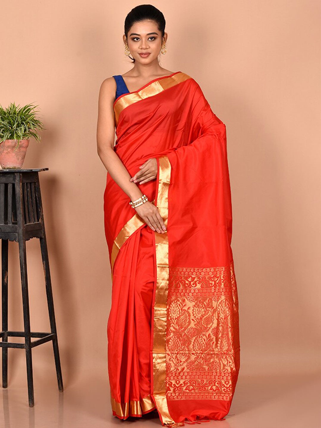 

AllSilks Woven Design Zari Silk Blend Kanjeevaram Saree, Red