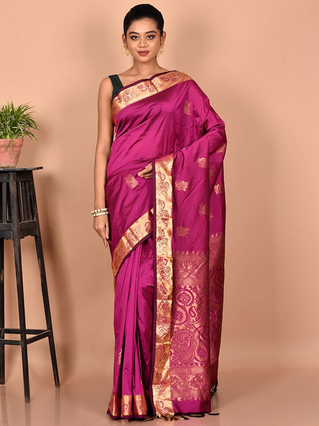 

AllSilks Woven Design Zari Silk Blend Kanjeevaram Saree, Pink