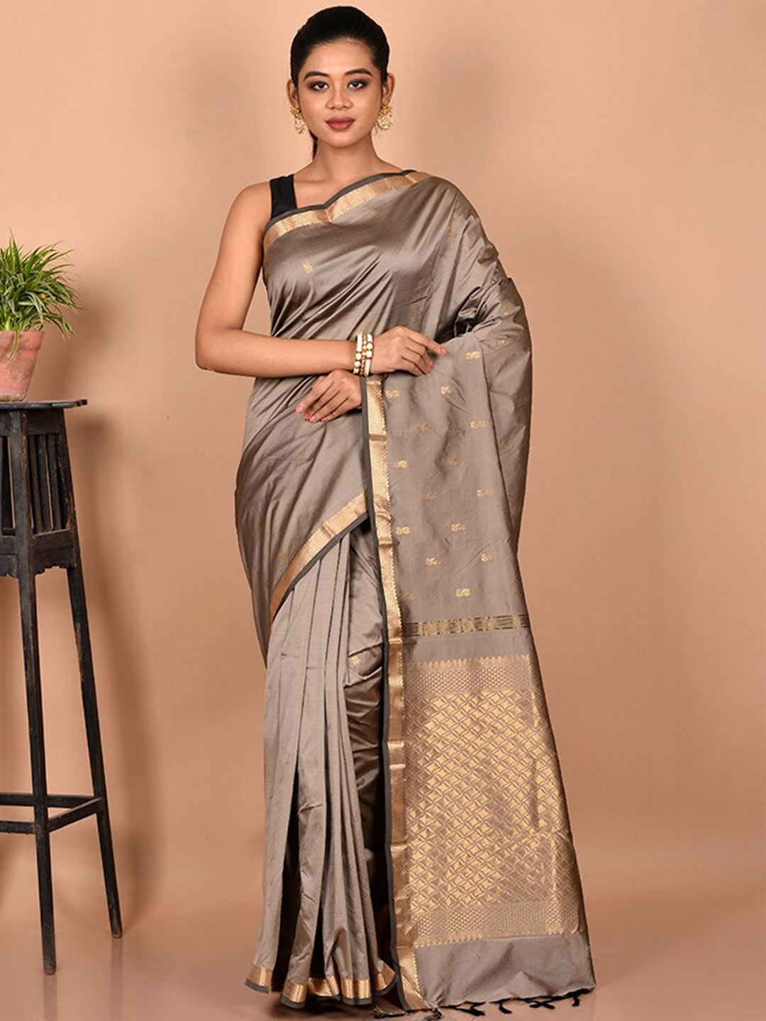 

AllSilks Woven Design Zari Silk Blend Kanjeevaram Saree, Grey