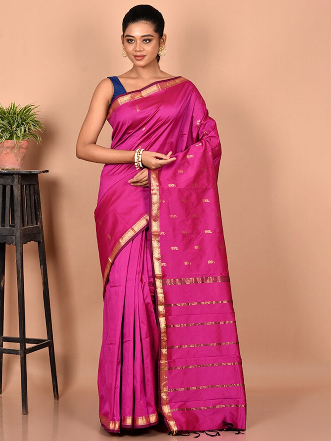 

AllSilks Woven Design Zari Silk Blend Kanjeevaram Saree, Pink