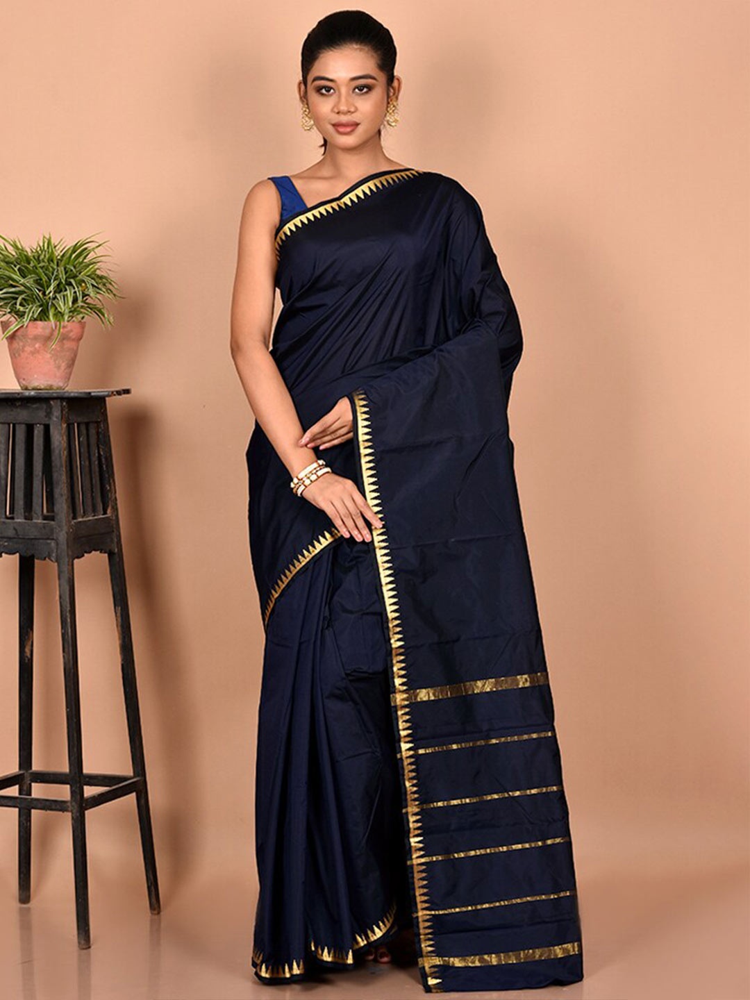 

AllSilks Zari Silk Blend Kanjeevaram Saree, Navy blue