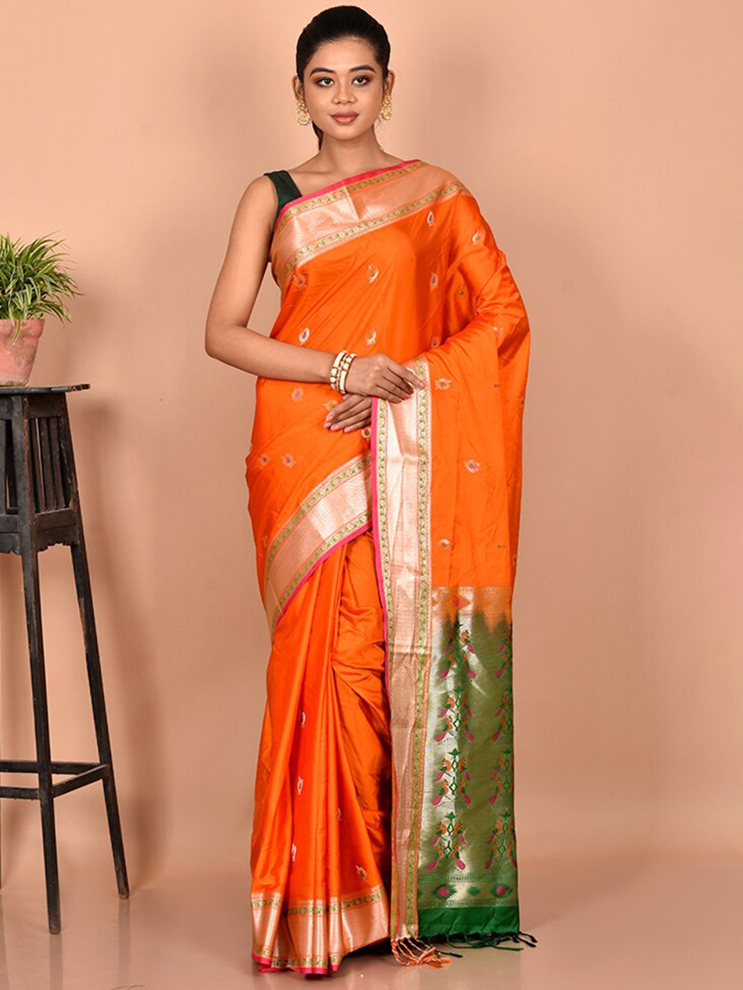 

AllSilks Woven Design Zari Silk Blend Kanjeevaram Saree, Orange