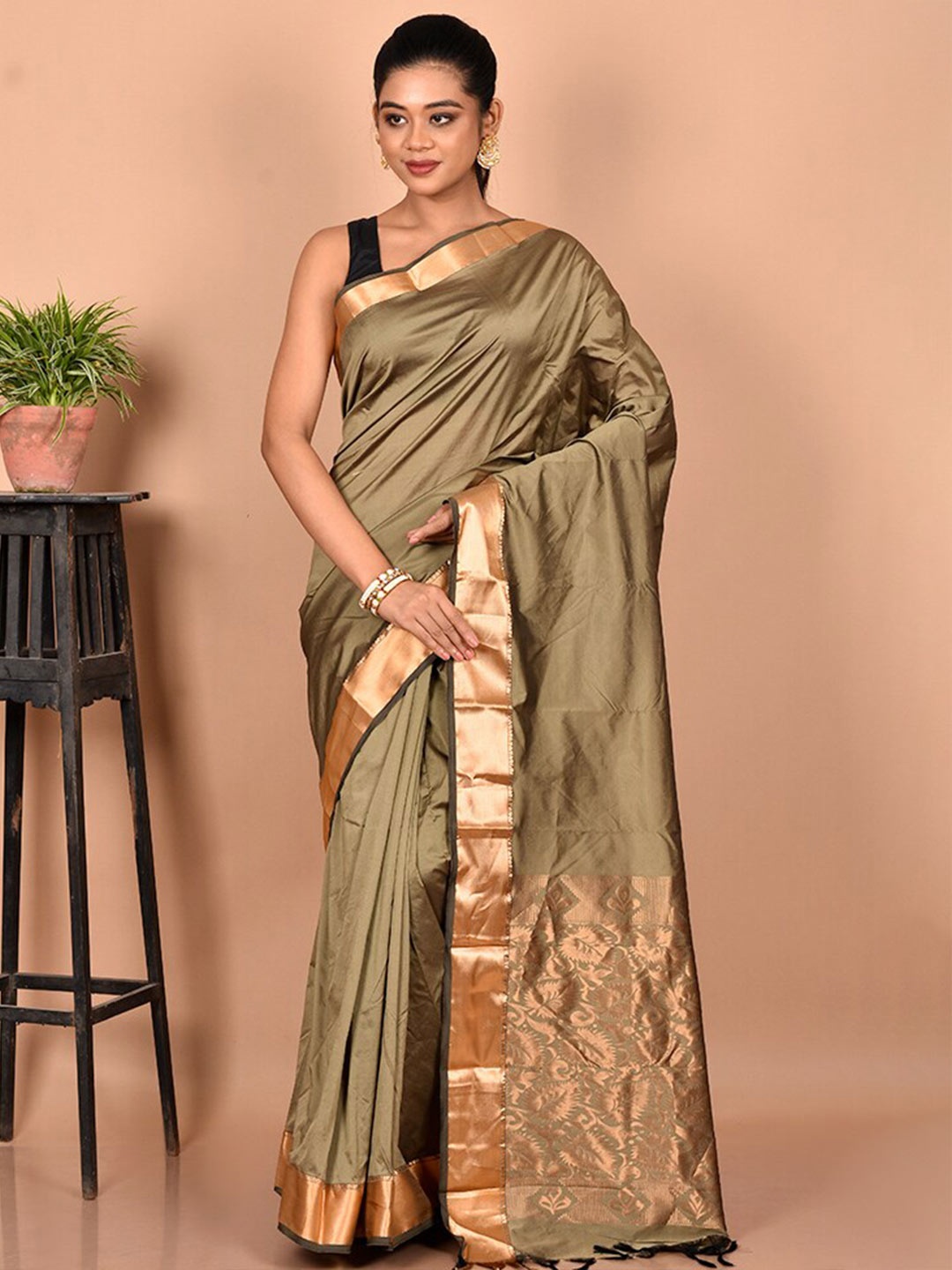 

AllSilks Woven Design Zari Silk Blend Kanjeevaram Saree, Olive