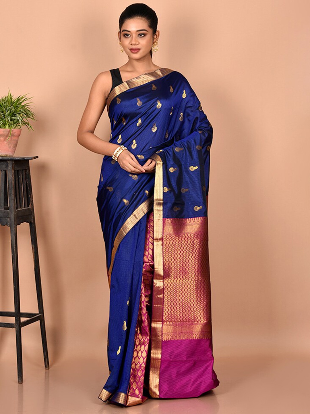 

AllSilks Woven Design Zari Silk Blend Kanjeevaram Saree, Navy blue