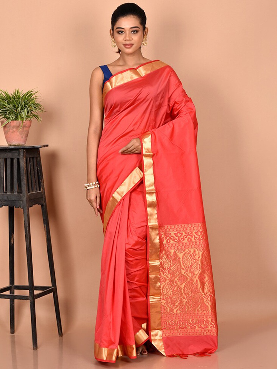 

AllSilks Zari Silk Blend Kanjeevaram Saree, Coral