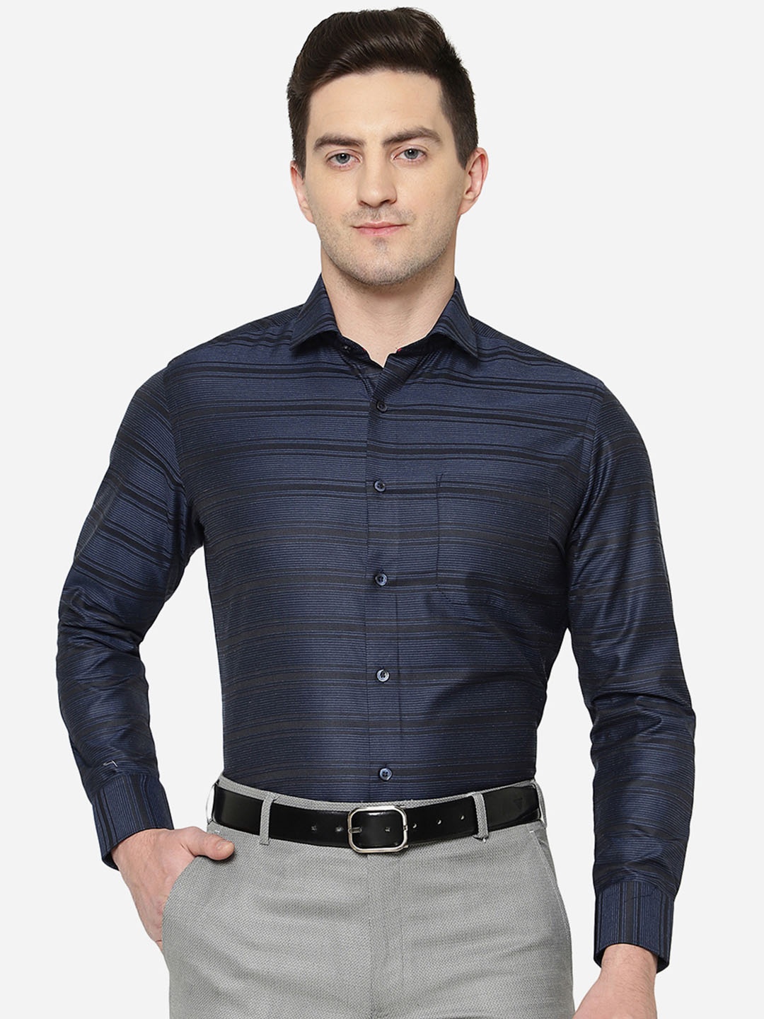 

Greenfibre Men Slim Fit Horizontal Stripes Formal Shirt, Navy blue