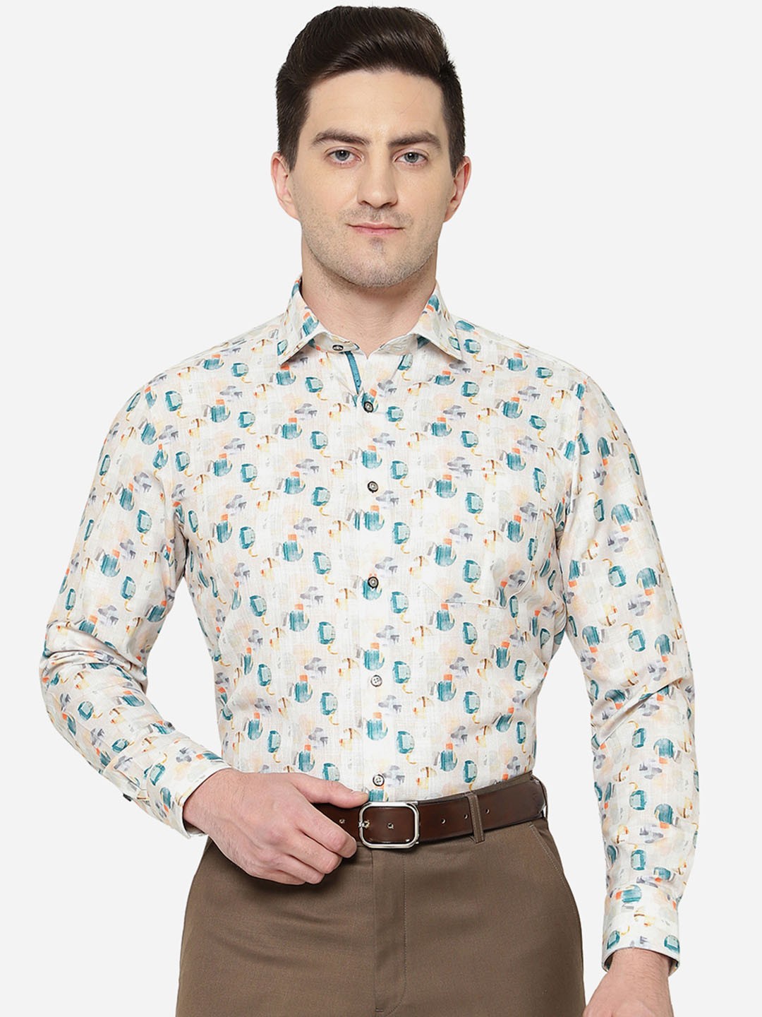 

Greenfibre Men Slim Fit Printed Cotton Formal Shirt, Off white