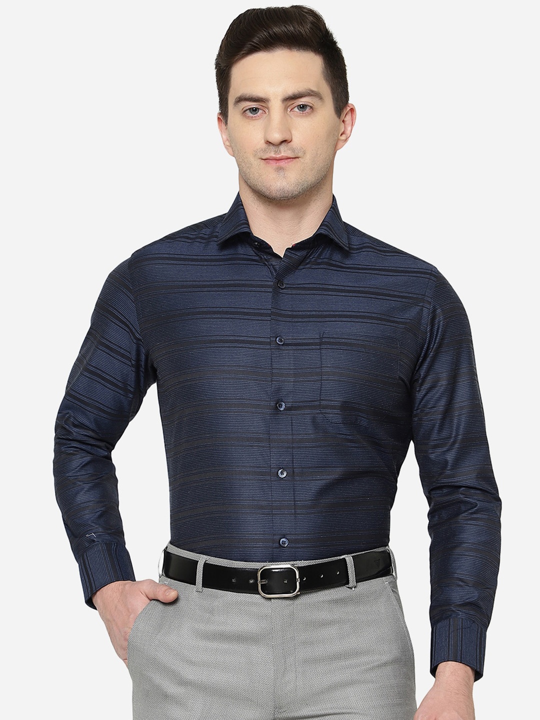 

Greenfibre Men Slim Fit Horizontal Stripes Formal Shirt, Navy blue