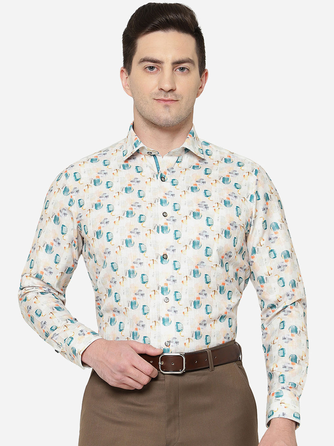 

Greenfibre Men Slim Fit Printed Cotton Formal Shirt, Off white