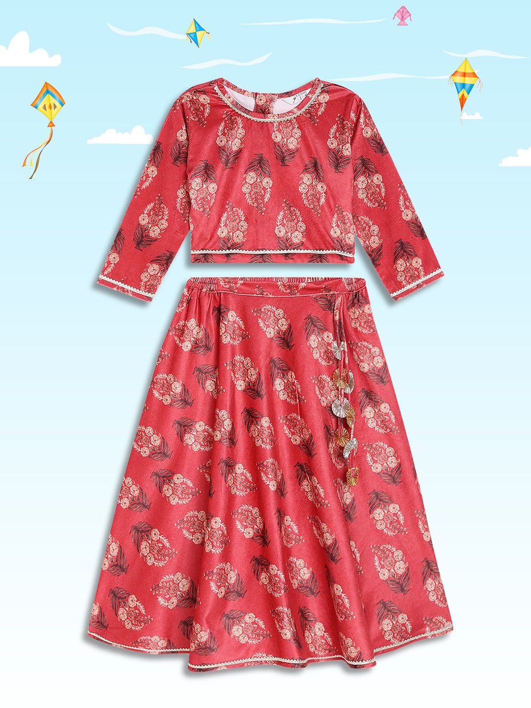 

Ahalyaa Girls Printed Ready to Wear Lehenga, Red