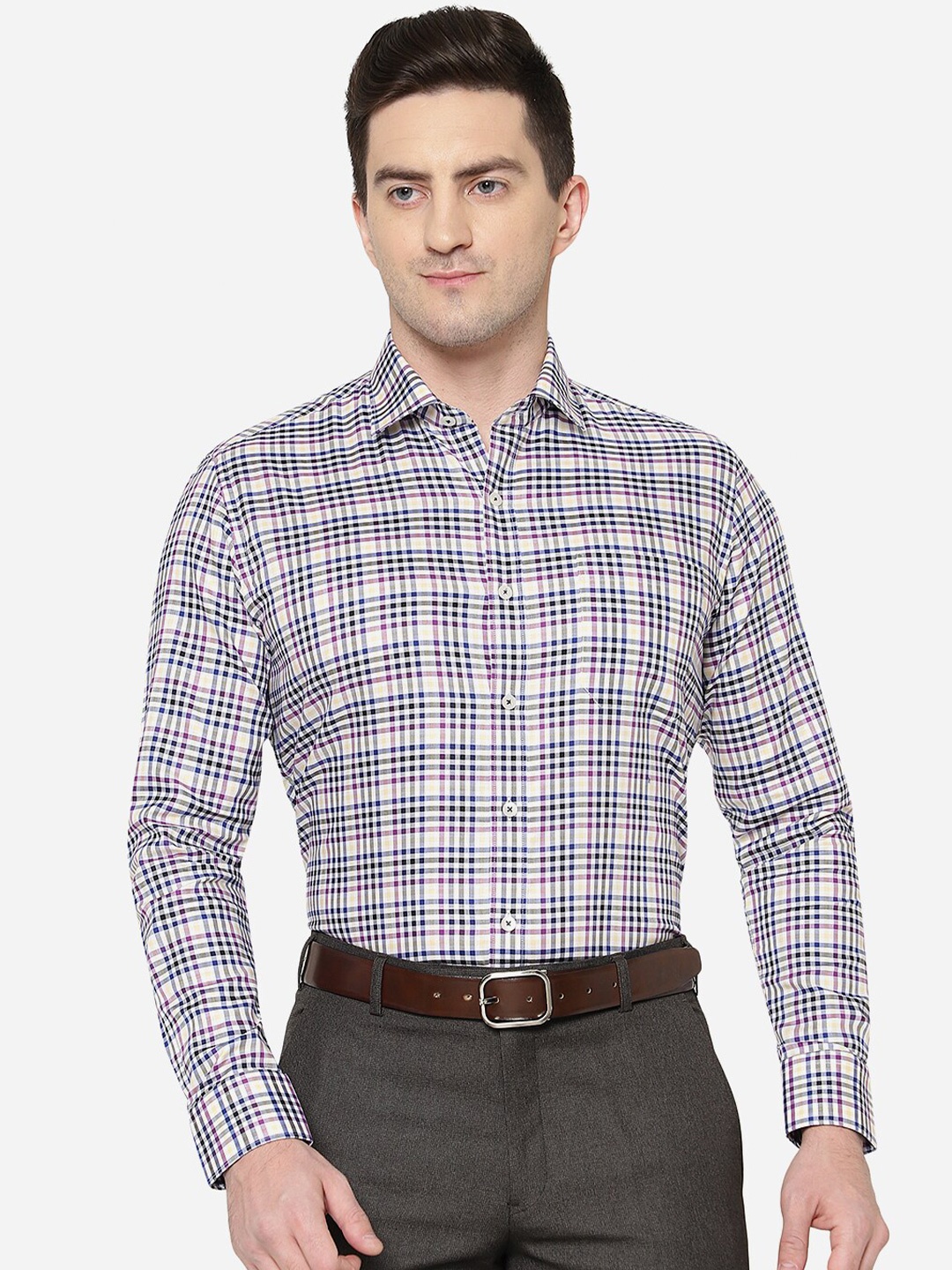 

METAL Men Slim Fit Tartan Checks Checked Cotton Formal Shirt, Beige