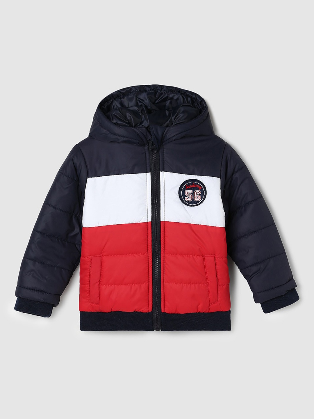 

max Boys Black & Red Colourblocked Hooded Puffer Jacket with Patchwork, Multi