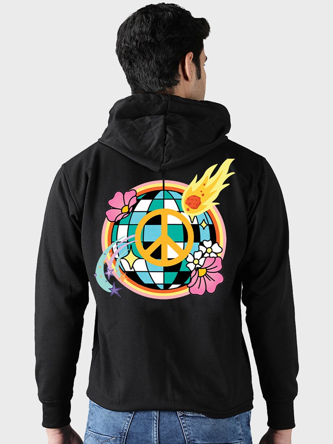 

Mad Over Print Men Black Printed Hooded Sweatshirt