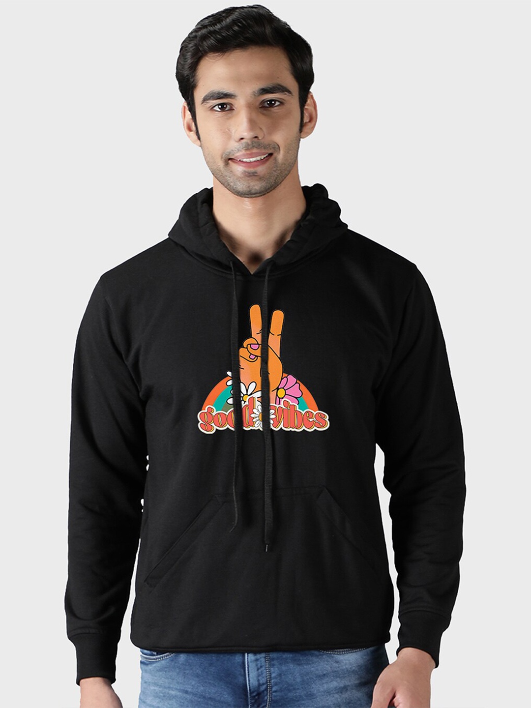 

Mad Over Print Men Black Printed Hooded Sweatshirt