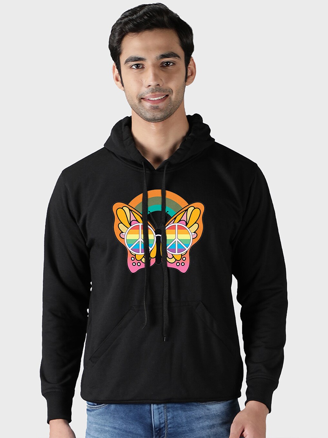 

Mad Over Print Men Black Printed Hooded Sweatshirt