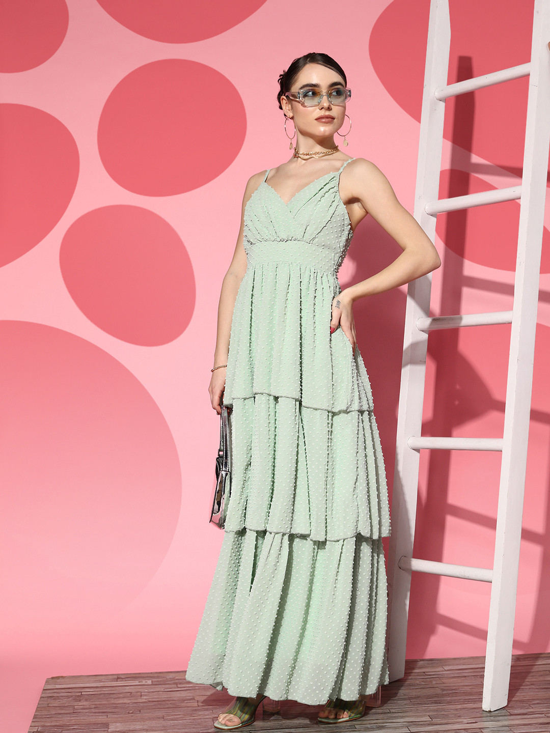 

Berrylush Green Layered Georgette Maxi Dress
