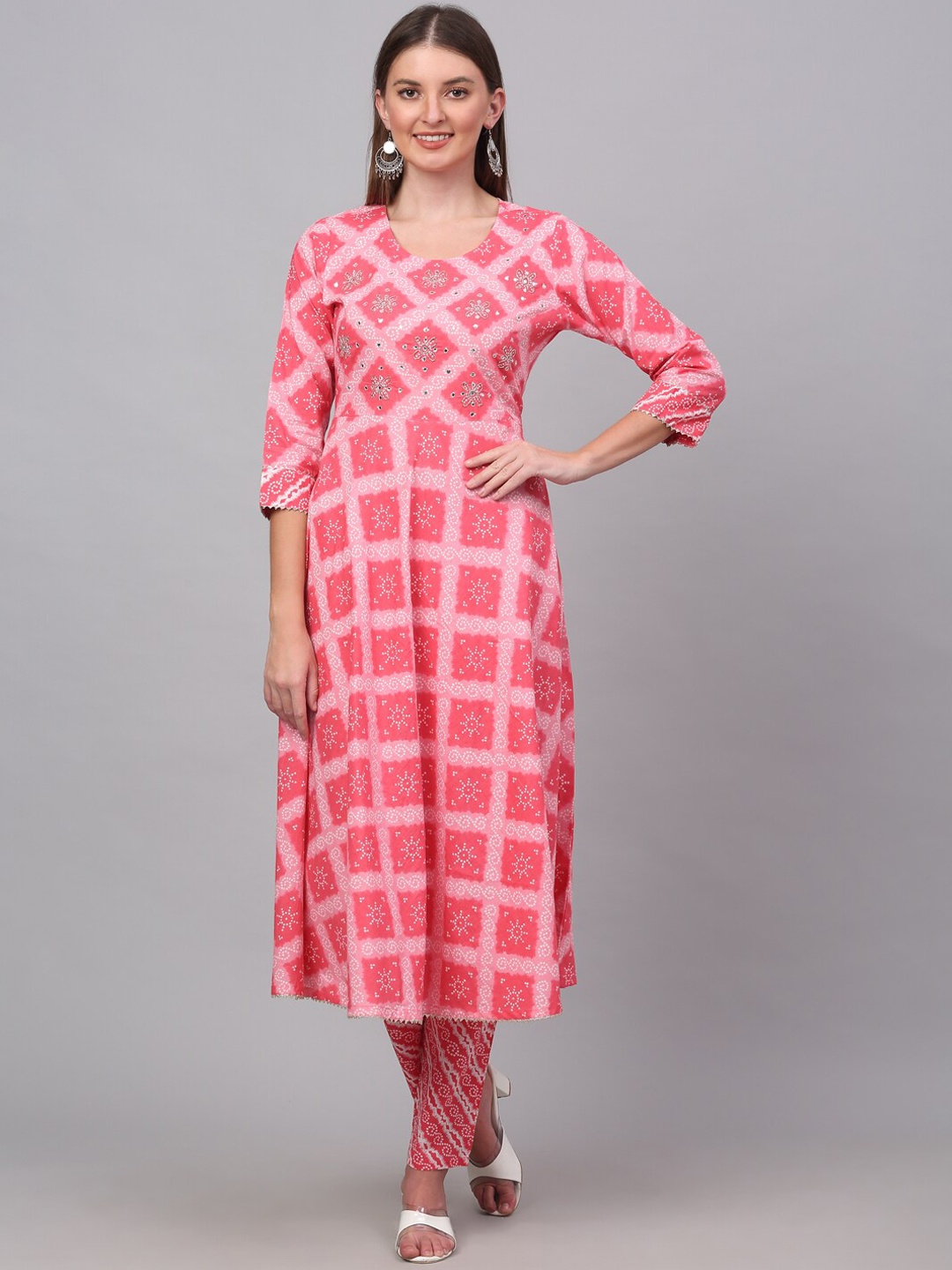 

KALINI Women Bandhani Printed Beads and Stones Pure Cotton Kurta With Trousers & Dupatta, Pink
