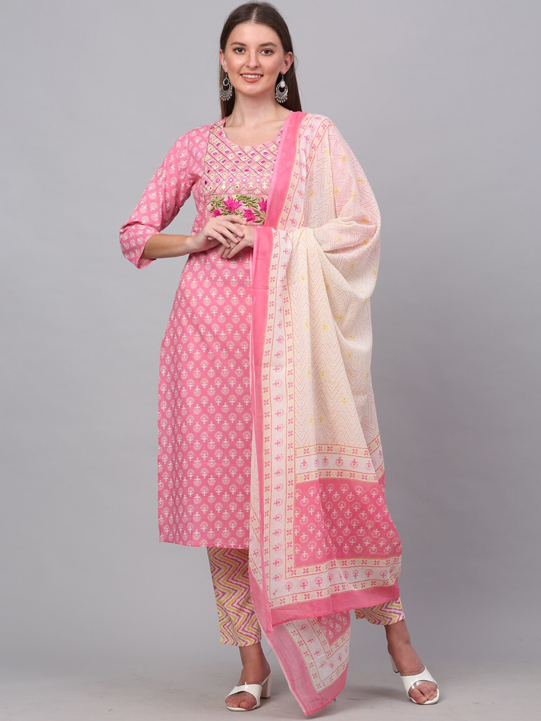 

KALINI Women Floral Printed Mirror Work Pure Cotton Kurta With Palazzos & Dupatta, Pink