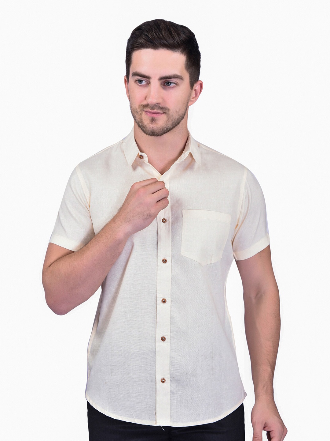 

SHIRA 24 Men Button Down Collar Casual Shirt, Cream