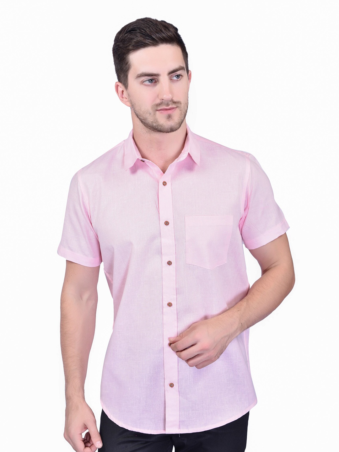 

SHIRA 24 Men Button Down Collar Casual Shirt, Pink