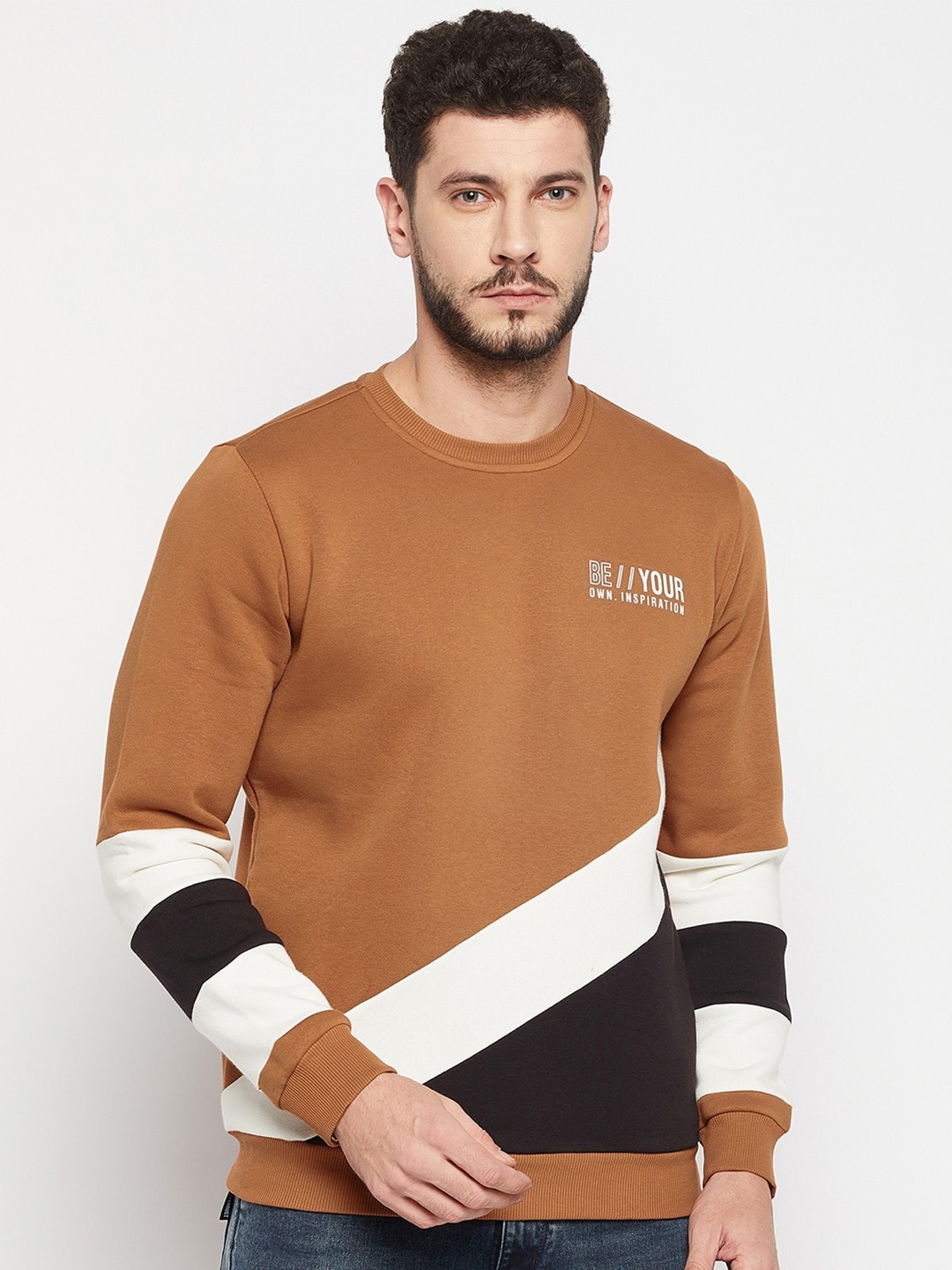 

QUBIC Men Brown Cotton Colourblocked Sweatshirt