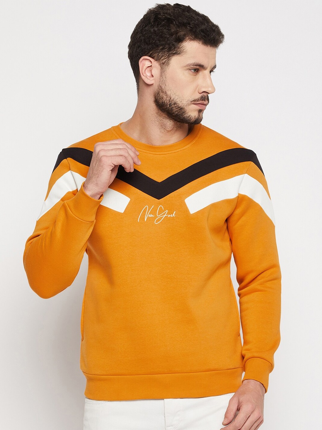

QUBIC Men Mustard Cotton Colourblocked Sweatshirt