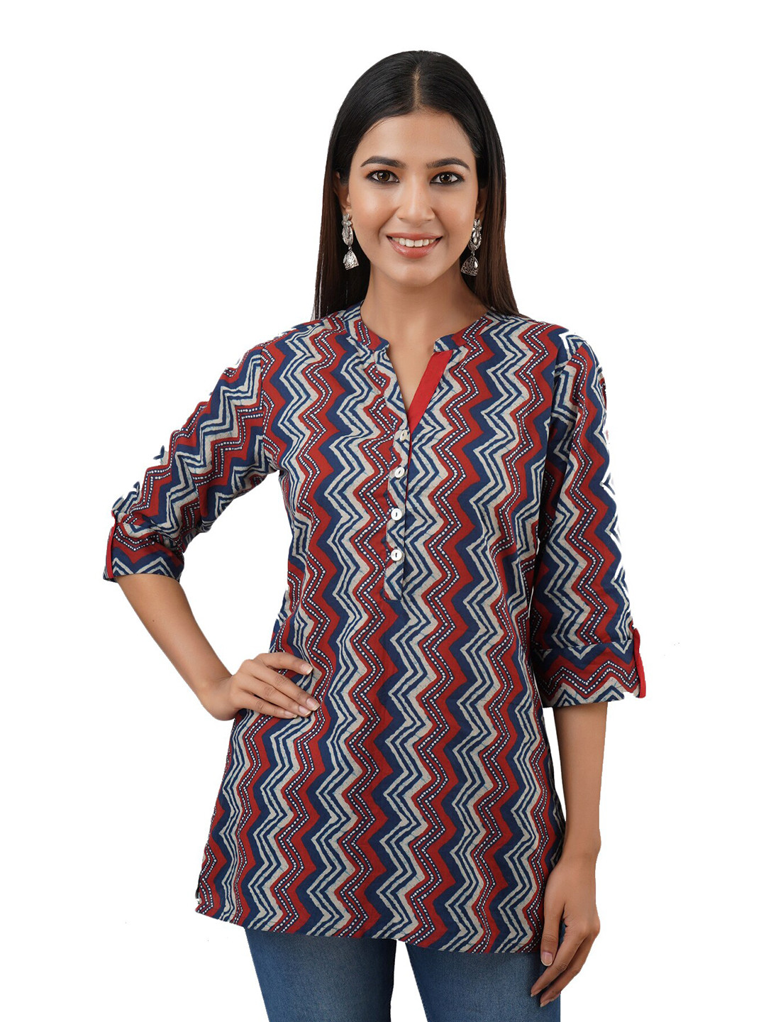 

NeshamaKurti Mandarin Collar Printed Cotton Tunic, Blue