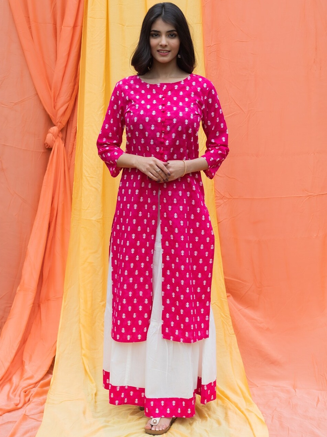 

NeshamaKurti Women Ethnic Printed High Slit Pure Cotton Kurta with Skirt, Pink