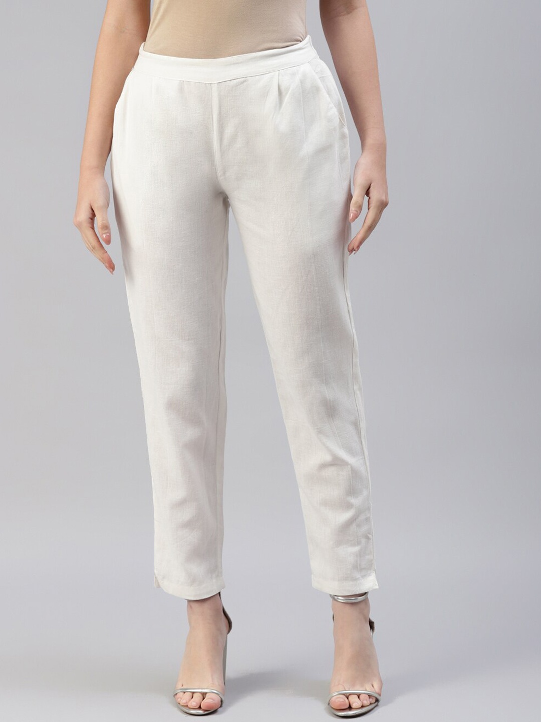 

NeshamaKurti Women Straight Cotton Trousers, Off white