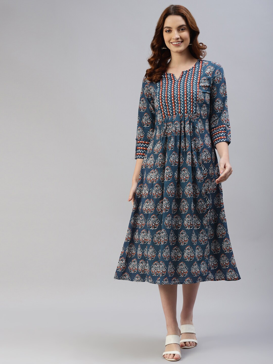 

NeshamaKurti Printed Cotton A-Line Midi Dress, Blue