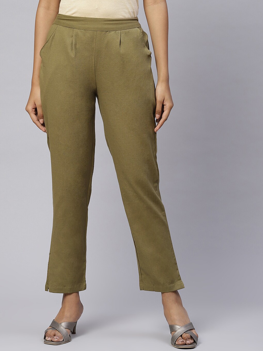 

NeshamaKurti Women Pleated Cotton Regular Fit Trouser, Olive