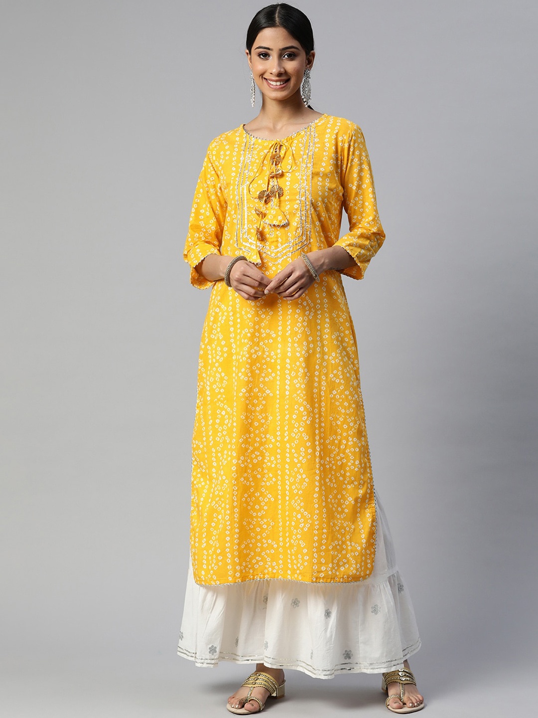 

NeshamaKurti Women Bandhani Printed Pure Cotton Kurta with Sharara, Yellow