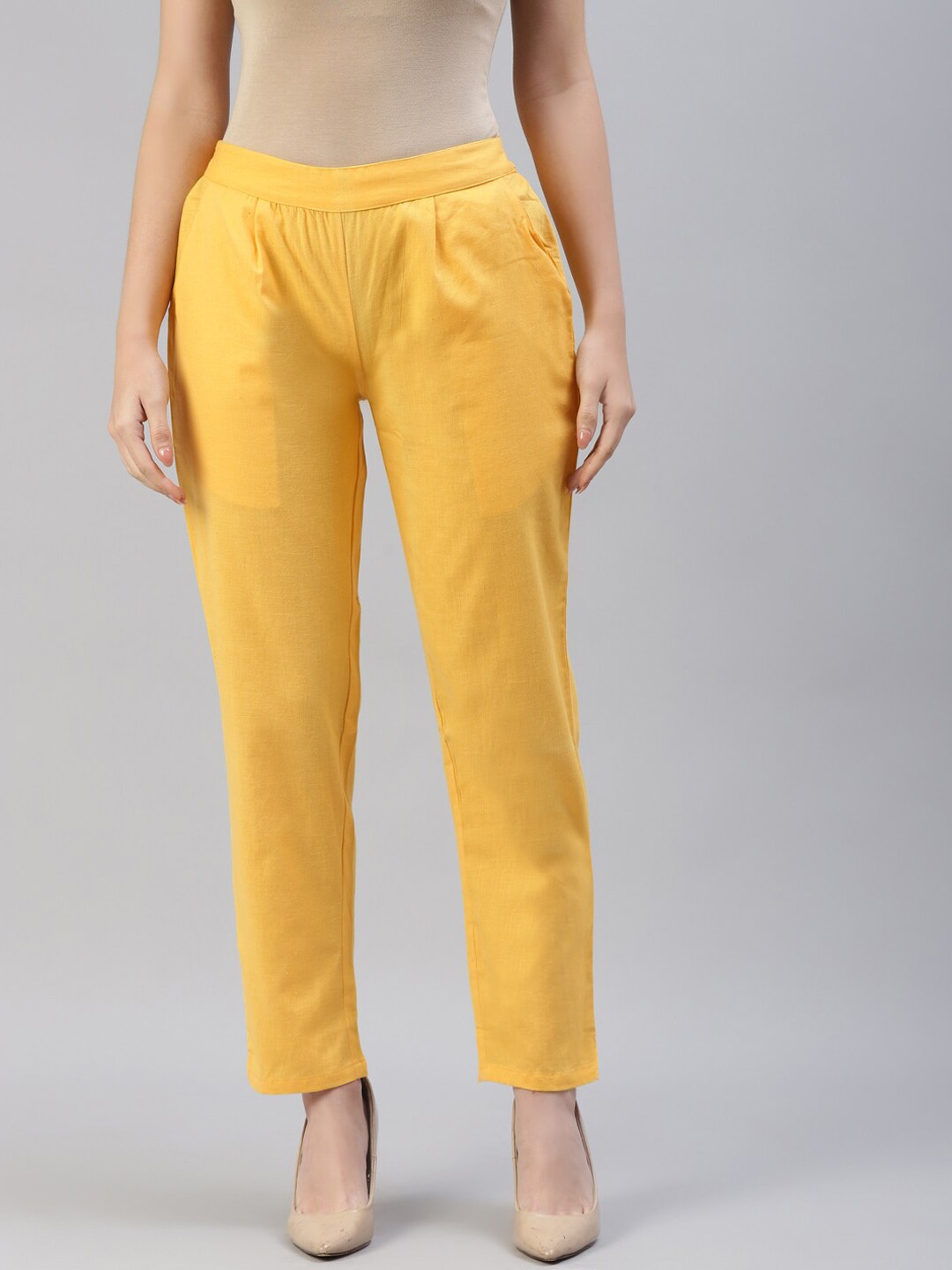 

NeshamaKurti Women Pleated Cotton Regular Fit Trouser, Yellow