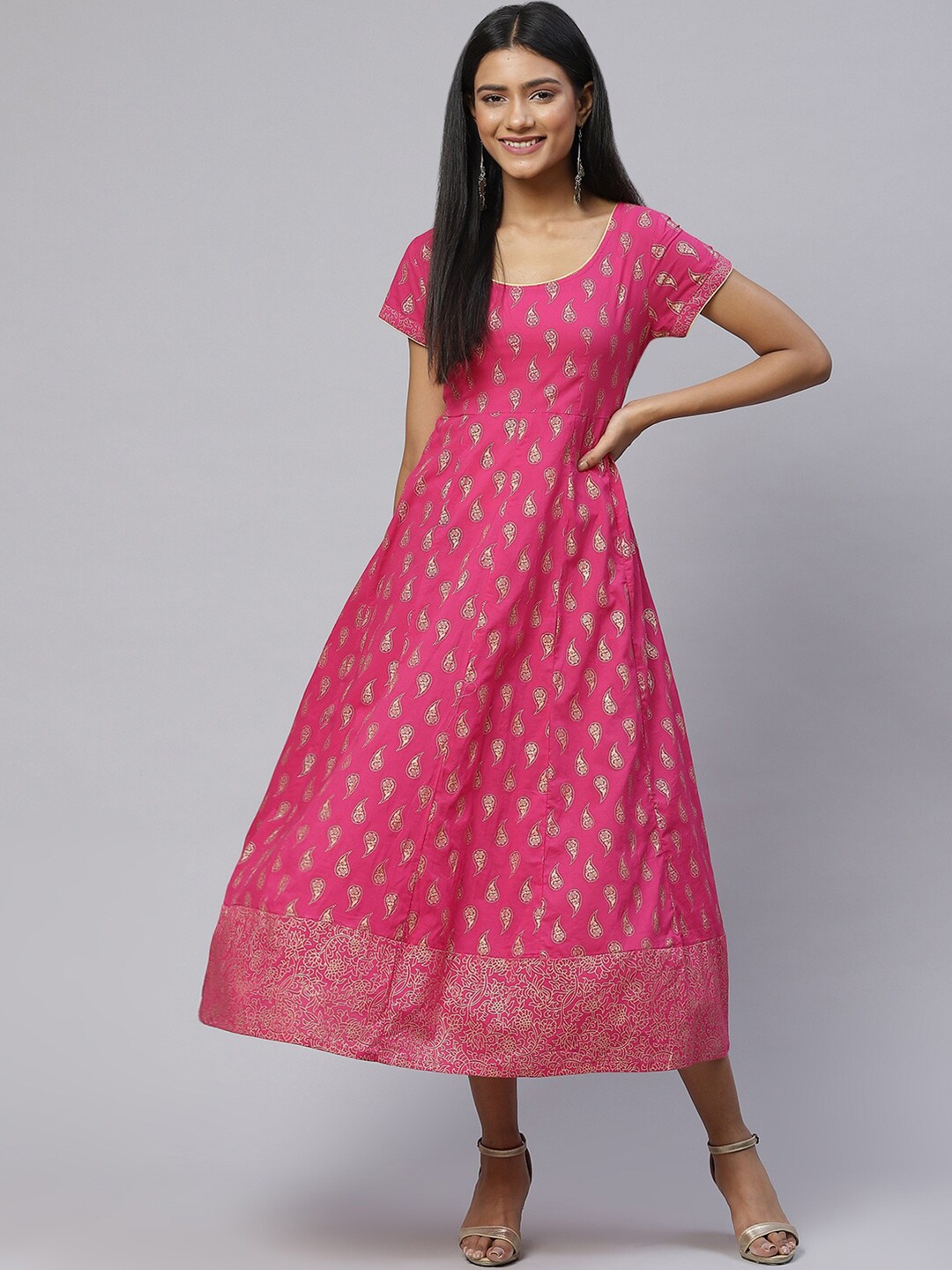 

NeshamaKurti Ethnic Motifs Printed Cotton A-Line Ethnic Dress, Pink