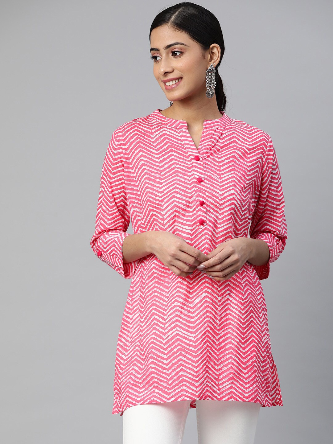 

NeshamaKurti Mandarin Collar Printed Cotton Tunic, Pink
