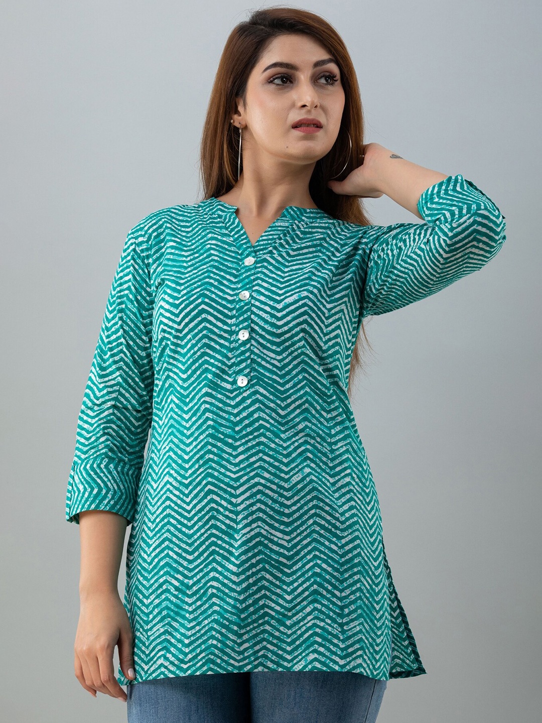 

NeshamaKurti Mandarin Collar Printed Cotton Tunic, Turquoise blue